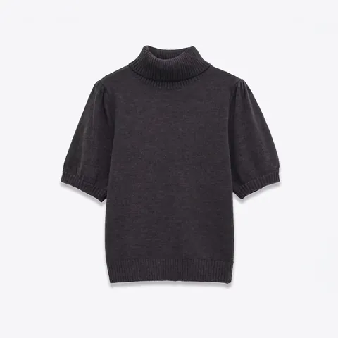 Elegant Women Short Puff Sleeve Turtleneck Knit Sweater Slim Fit Solid Color Polyester Pullover Top For Daily Office Wear