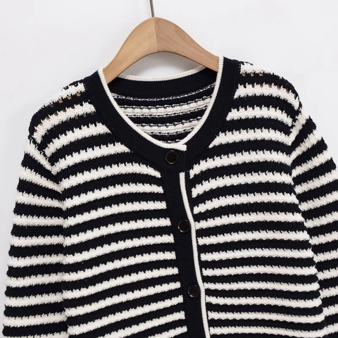 Women Striped Knit Cardigan Scalloped Edge Button Up Crew Neck Long Sleeve Casual Streetwear Loose Sweater Coat For Women Fashion