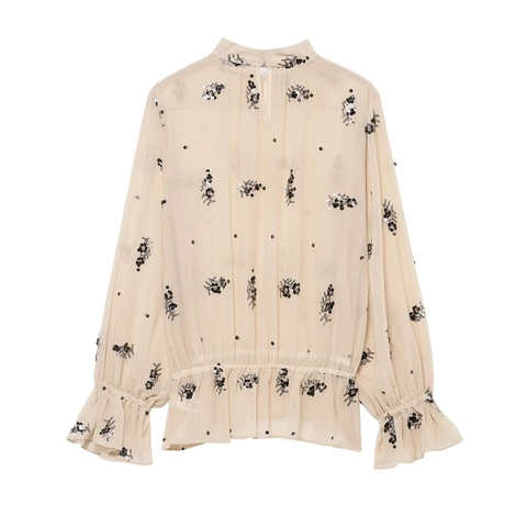 Elegante Pailletten Bloem Col Blouse Dames Half Transparante Lange Mouw Ruffle Zoom Abrikoos Chiffon Top Shirt