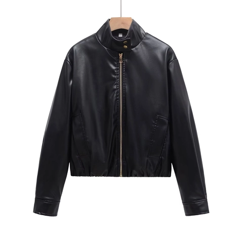 Giacca Casual da Donna in Ecopelle con Collo Rialzato e Cerniera Dorata Giubbotto Moto Biker Corto Autunno Inverno Streetwear