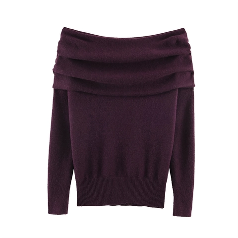Maglione da Donna Sexy Spalle Scoperte Scollo a V Rosso Vino Manica Lunga Morbido Caldo Pullover Invernale