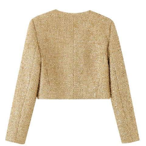 Women Elegant Gold Metallic Tweed Jacket Round Neck Cropped Short Coat Office Daily Wear One Button Blazer