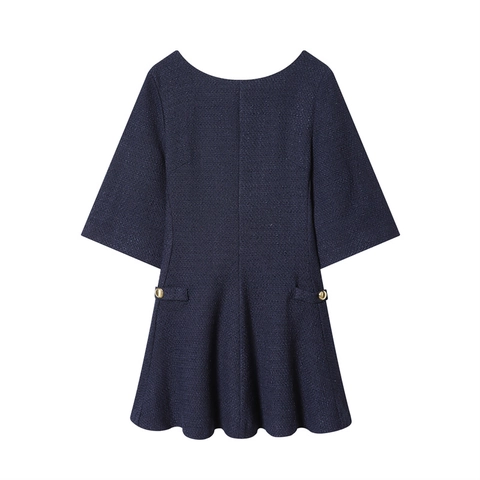 Women Vintage Tweed Round Neck Mini Dress Elegant Gold Button A-Line Half Sleeve Short Dress For Autumn Winter