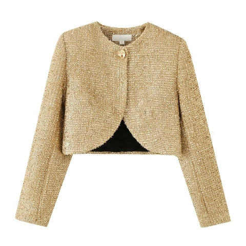 Women Elegant Gold Metallic Tweed Jacket Round Neck Cropped Short Coat Office Daily Wear One Button Blazer