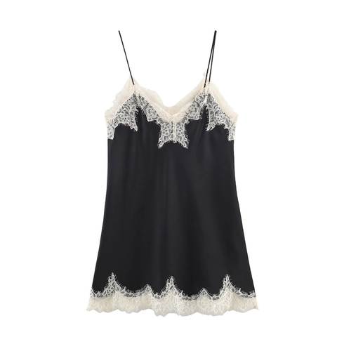 Women Sexy Lace Trim Satin Camisole Top Spaghetti Strap V-Neck Backless Elegant Vintage Nightwear Sleepwear Tank Top