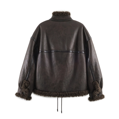Damen Vintage Kunstleder Lammfell Jacke Retro Braun Warm Kunstpelz Bomberjacke Übergroße Knopfleiste Wintermantel