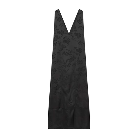 Abito Lungo da Donna Sexy Scollo a V Profondo Senza Maniche Jacquard Elegante Trama di Raso Spacco Vita Alta Nero Vestito da Sera