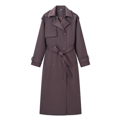 Elegante Dames Dieppaars Polyester Double-breasted Lang Trenchcoat Gegordeld Revers Winddicht Jas Retro Klassieke Mantel