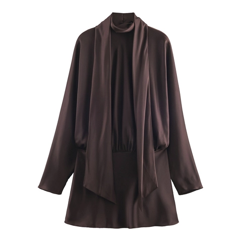 Vestito Mini in Raso da Donna Sexy con Collo a Sciarpa Elegante Manica Lunga Pieghettato Lupetto Linea ad A Tinta Unita