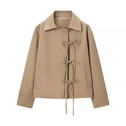Veste Courte Khaki Mode Femme Élégant Revers Noeud Papillon Manches Longues Décontracté Vêtement Extérieur Coupe-vent