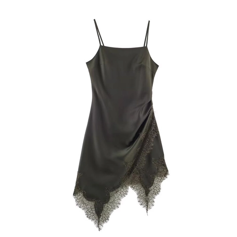 Women Sexy Satin Lace Slip Dress Asymmetrical Hem Ruched Spaghetti Strap Sleeveless V Neck Backless Party Maxi Dress