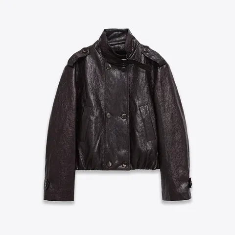 Women Vintage PU Leather Jacket Double Breasted Stand Collar Long Sleeve Short Moto Coat Textured Distressed Outerwear