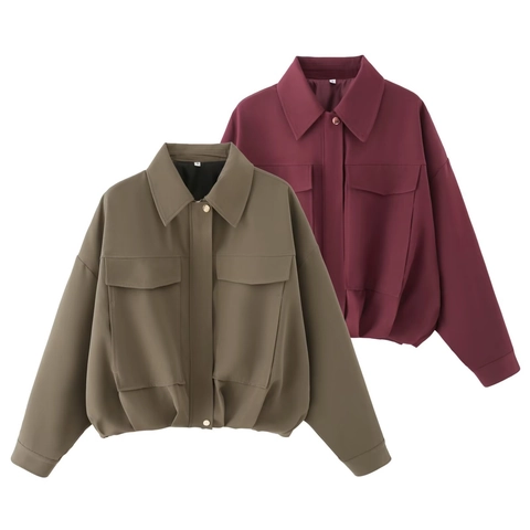 Women's Casual Loose Pilot Bomber Jacket Lapel Long Sleeve Cropped Workwear Outerwear With Large Pockets Solid Color