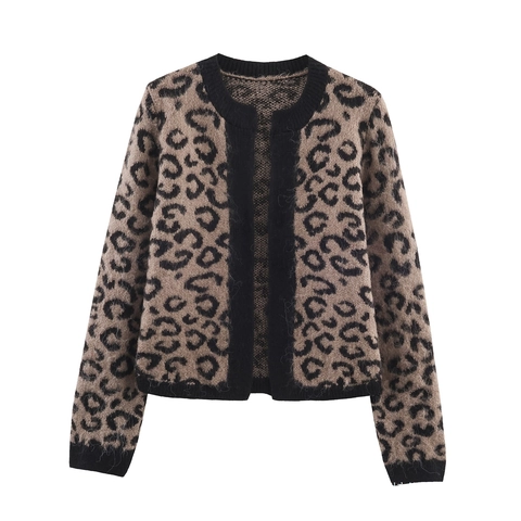 Women Leopard Print Knit Cardigan Sweater Loose V Neck Long Sleeve Open Front Autumn Winter Casual Jacket Outwear Top
