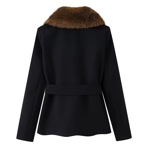 Abrigo de Lana Elegante para Mujer con Cuello de Piel Sintética Invierno Grueso Cálido Solapa Cintura con Cinturón Chaqueta