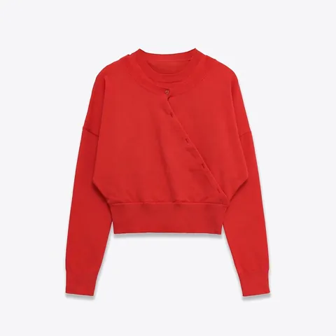 Maglione in Maglia Rossa Casual da Donna Girocollo Bottone Asimmetrico Manica Lunga Top Pullover Largo in Poliestere
