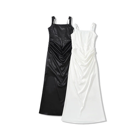 Vestito Maxi in Raso Sexy da Donna Elegante Top a Corsetto Increspato con Lacci Schiena Scoperta Abito Lungo da Sera