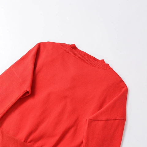 Maglione in Maglia Rossa Casual da Donna Girocollo Bottone Asimmetrico Manica Lunga Top Pullover Largo in Poliestere