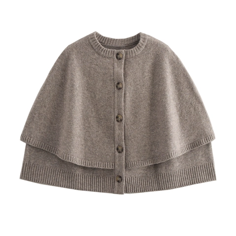 Cape Poncho en Tricot Élégante pour Femmes Col Rond Boutonné Ourlet Double Couche Tricots Pull Streetwear Vêtements de Dessus Top