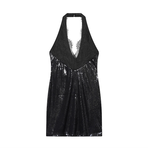 Dames Sexy Zwarte Pailletten Halter Mini Jurk Met Kant Mouwloos Slim Fit Feest Avond Clubwear Cocktail Jurk