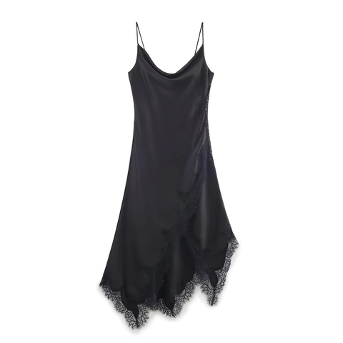 Women Elegant Black Satin Slip Maxi Dress Sexy Cowl Neck Lace Patchwork Asymmetrical Hem Spaghetti Strap Evening Party Dress