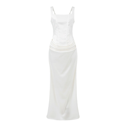 Vestito Maxi in Raso Sexy da Donna Elegante Top a Corsetto Increspato con Lacci Schiena Scoperta Abito Lungo da Sera