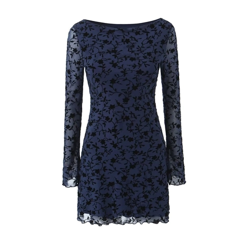 Abito Mini in Rete Floreale Floccata Vintage Francese per Donna Spalle Scoperte Manica Lunga a Campana Sexy Bodycon Party Club