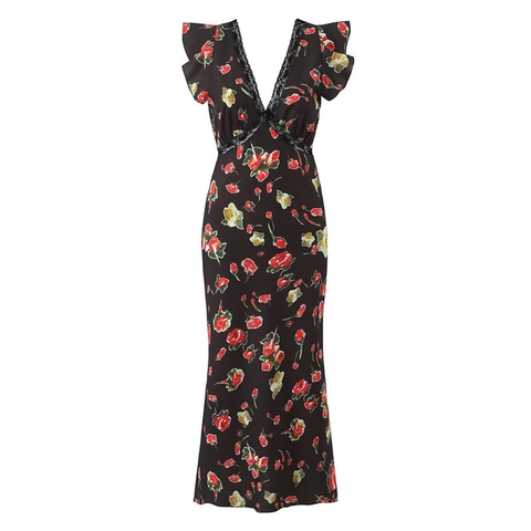 Sexy Damen V-Ausschnitt Blumen Midi-Kleid Vintage Spitzenbesatz Rüschenärmel Polyester Slim Fit Cocktail Party Kleid