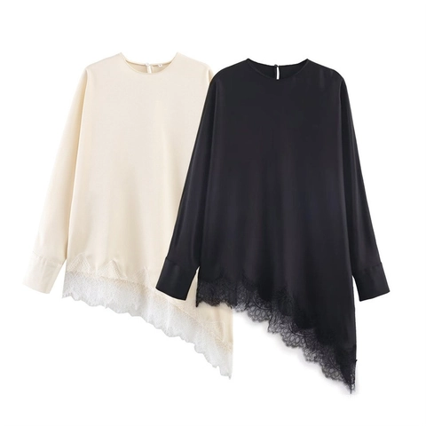 Damen Elegante Satin Bluse Asymmetrischer Saum Spitze Patchwork Rundhals Langarm Pullover Hemd Casual Mode Top