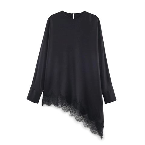 Damen Elegante Satin Bluse Asymmetrischer Saum Spitze Patchwork Rundhals Langarm Pullover Hemd Casual Mode Top
