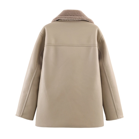 Dames Winter Omkeerbare Synthetisch Leer Lamswol Jas Double-breasted Grote Revers Warme Patchwork Losse Jas