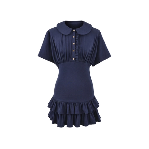 Robe Courte Femme Retro Doux Col Claudine Manches Courtes Mélange Coton Ourlet à Volants Taille Haute Coupe Slim Mode