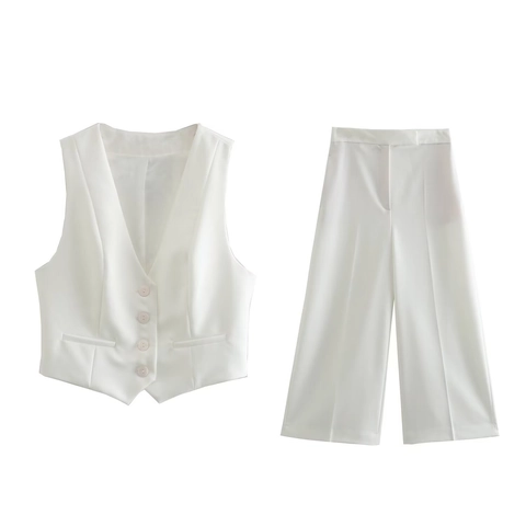 Damen Elegant Weiß Top Und Hose Set Ärmellos V Ausschnitt Button Weste Mit Hohe Taille Weite Hose Büro Anzug