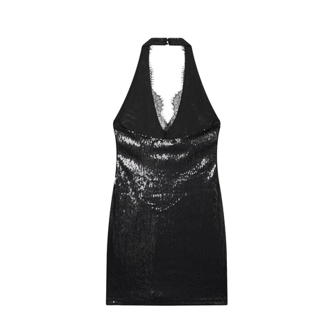 Dames Sexy Zwarte Pailletten Halter Mini Jurk Met Kant Mouwloos Slim Fit Feest Avond Clubwear Cocktail Jurk