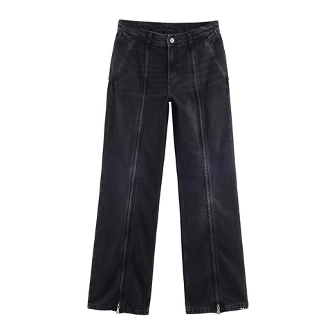 Women Retro Washed Black Wide Leg Denim Jeans With Zippered Cuffs Mid Waist Straight Winter Casual Streetwear Pants