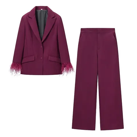 Elegant Satijn Revers Blazer En Wijde Pijpen Broek Set Dames Magenta Veer Splicing Manchet Kantoor Lange Mouwen Pak