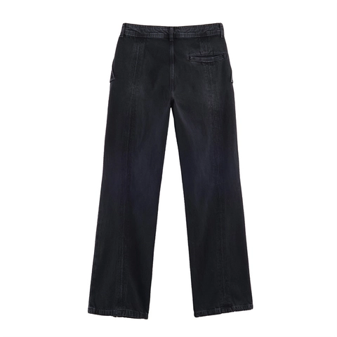 Women Retro Washed Black Wide Leg Denim Jeans With Zippered Cuffs Mid Waist Straight Winter Casual Streetwear Pants