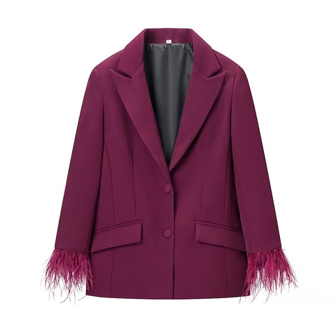 Elegant Satijn Revers Blazer En Wijde Pijpen Broek Set Dames Magenta Veer Splicing Manchet Kantoor Lange Mouwen Pak
