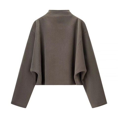 Women Casual Loose Zipper Up Short Woolen Coat Stand Collar Solid Color Long Sleeve Fashion Streetwear Winter Jacket Outerwear