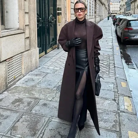 Women Double Breasted Long Woolen Coat Lapel Shoulder Pads Overcoat Loose Fall Winter Outerwear Fashion Coffee Streetwear