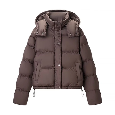 Women's Puffer Jacket Hooded Long Sleeve Winter Coat Drawstring Hem Zipper Snap Button Solid Color Casual Padded Outerwear