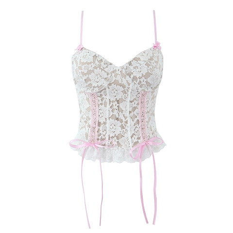 Camiseta de Tirantes Dulce de Encaje Floral Blanco para Mujer Bustier Lazos Rosas Dobladillo con Volantes Sexy Chic Verano