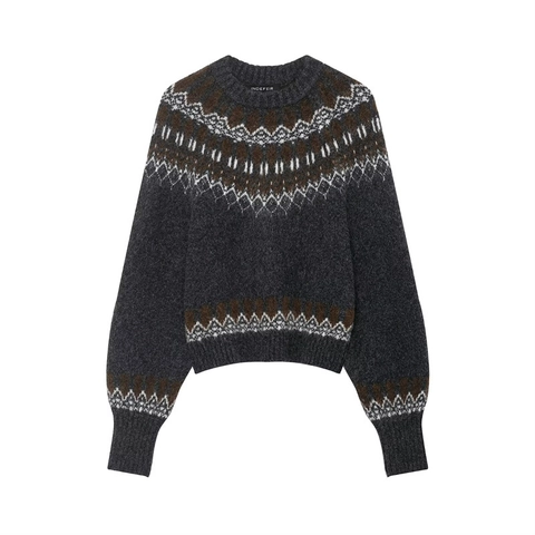 Suéter de Punto Fair Isle Vintage para Mujer Cuello Redondo Retro Manga Larga Gris Oscuro Patrón de Copo de Nieve Geométrico