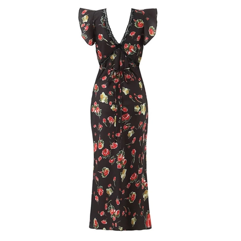 Sexy Damen V-Ausschnitt Blumen Midi-Kleid Vintage Spitzenbesatz Rüschenärmel Polyester Slim Fit Cocktail Party Kleid