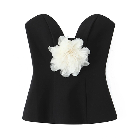 Top a Tubo Nero Sexy Da Donna Con Grande Decorazione Di Fiori In Mesh 3D Scollo A Cuore Senza Maniche Bustier Per Feste