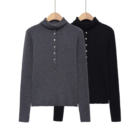 Dames Casual Geribbelde Gebreide Trui Mock Neck Knoop Slanke Pasvorm Lange Mouw Metaaldraad Effen Kleur Herfst Winter Top