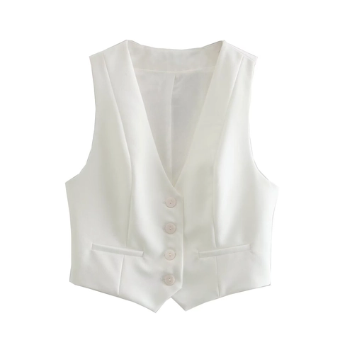 Damen Elegant Weiß Top Und Hose Set Ärmellos V Ausschnitt Button Weste Mit Hohe Taille Weite Hose Büro Anzug