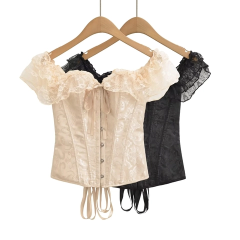 Top de Corsé de Encaje Estilo Corte Vintage para Mujer Hombros Descubiertos Jacquard Satin Sexy Bustier Con Busk de Metal