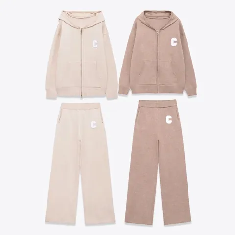 Women Knitted Hooded Zip Up Jacket Wide Leg Pants Set Solid Color Letter C Patch Embroidery Streetwear Tracksuit