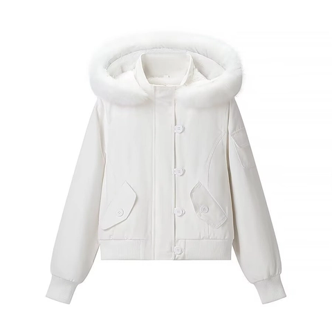 Giacca Corta da Donna Vintage Bianca Con Cappuccio e Collo in Ecopelliccia Calda Con Bordi a Costine Zip Up American Style